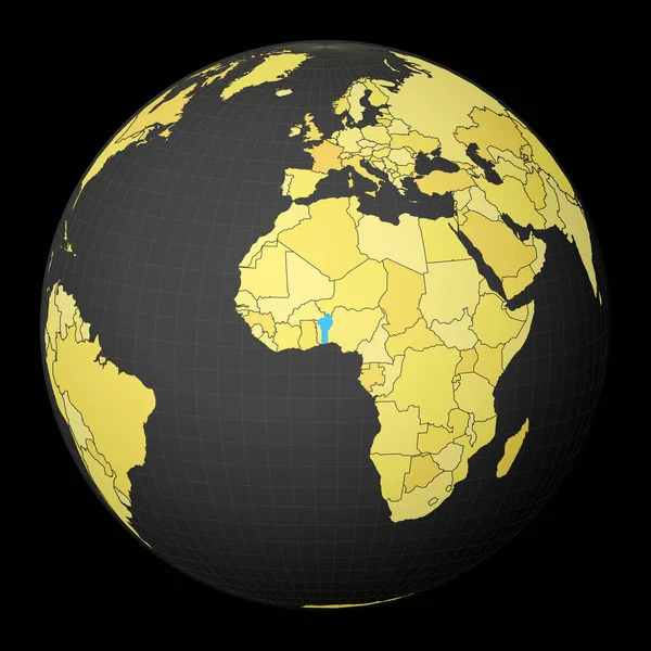 Bénin sur globe noir avec carte du monde jaune Pays mis en évidence avec la couleur bleue Monde satellite — Image vectorielle