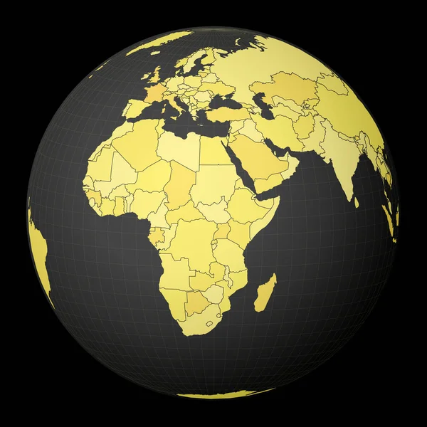Güney Sudan üzerinde sarı dünya haritası olan koyu dünya üzerinde mavi uyduyla işaretlenmiş bir ülke. — Stok Vektör