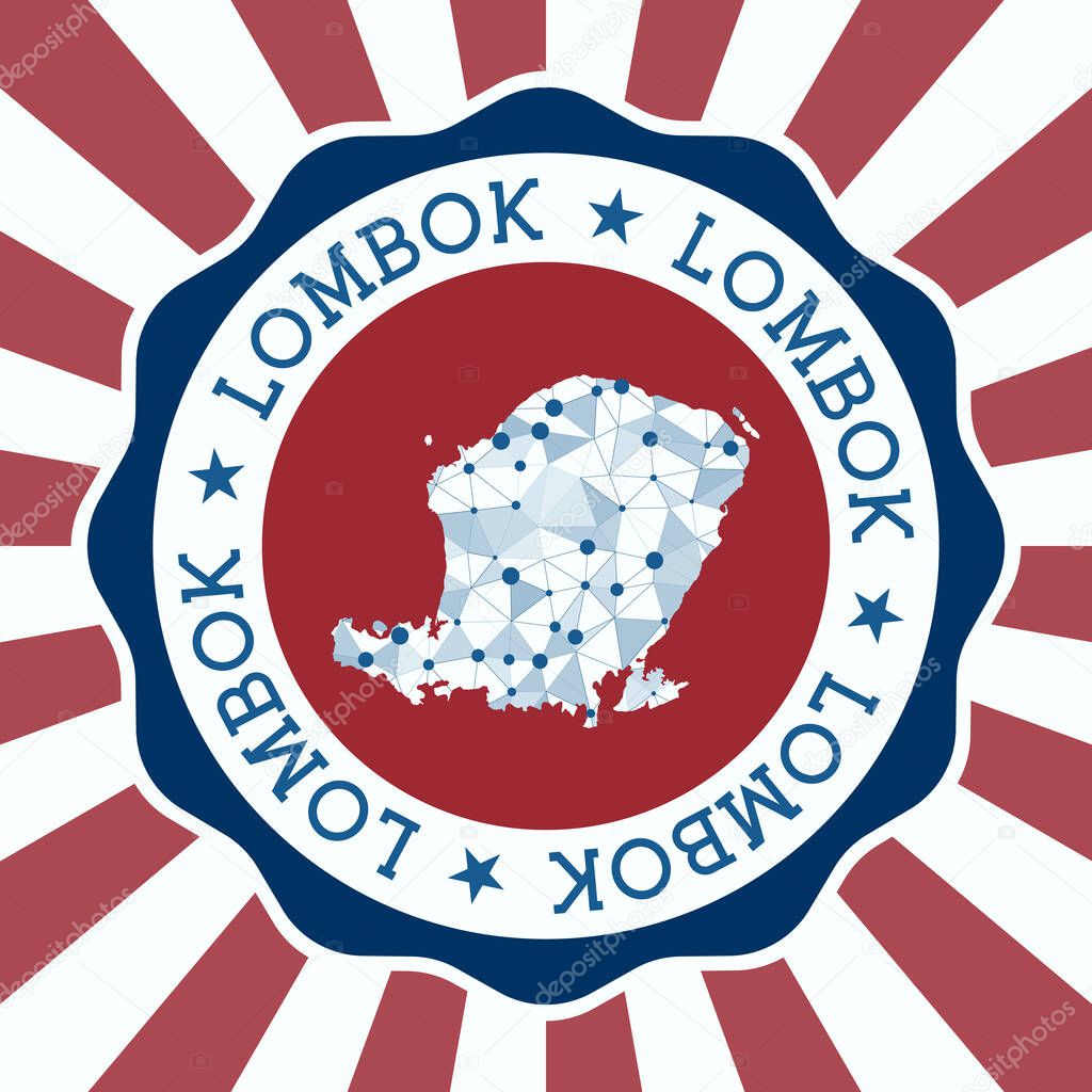Lombok Badge Round logo of island with triangular mesh map and radial rays EPS10 Vector
