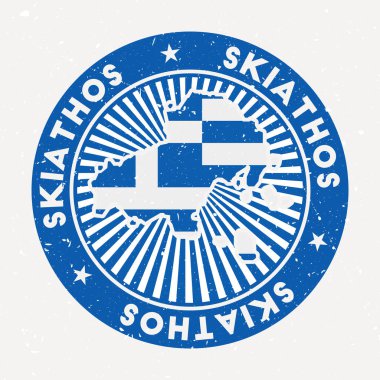 Adanın bayrak amblemi yuvarlak Skiathos dairesel metin ve yıldız vektörü Vintage rozet