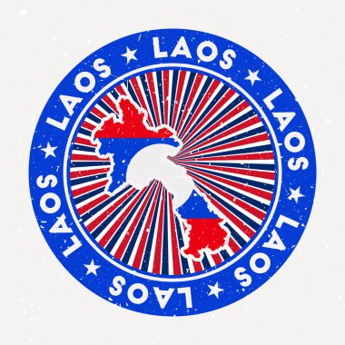 Laos ülke logosu bayrak, dairesel metin ve yıldız vektörü Vintage rozeti
