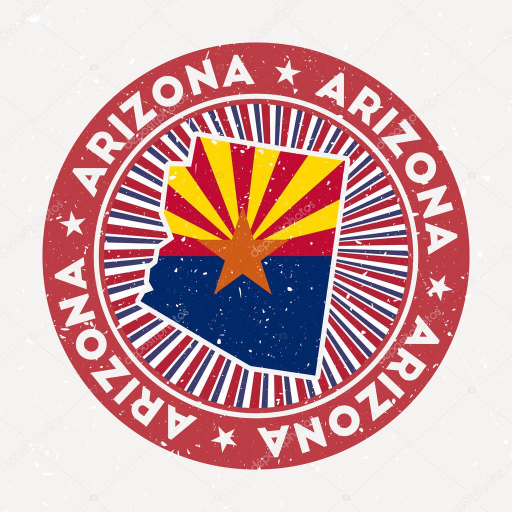 Arizona round stamp. Logo of us state with state flag. Vintage badge with circular text and stars, vector illustration.