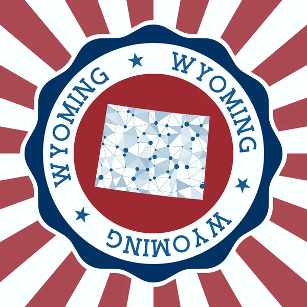 Wyoming Badge Ronde logo van ons staat met driehoekige mesh kaart en radiale stralen EPS10 Vector — Stockvector