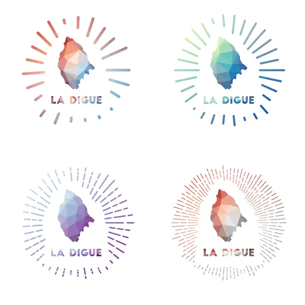 La Digue low poly sunburst set Logotipo da ilha em estilo poligonal geométrico Ilustração vetorial — Vetor de Stock