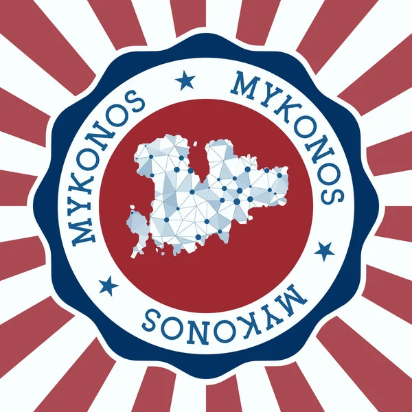 Mykonos Badge Rundes Logo der Insel mit dreieckiger Maschenkarte und Radialstrahlen EPS10 Vector — Stockvektor