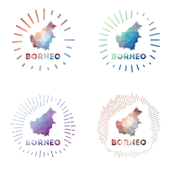 Borneo bajo polivinílico sunburst set Logo de isla en estilo geométrico poligonal Ilustración vectorial — Vector de stock