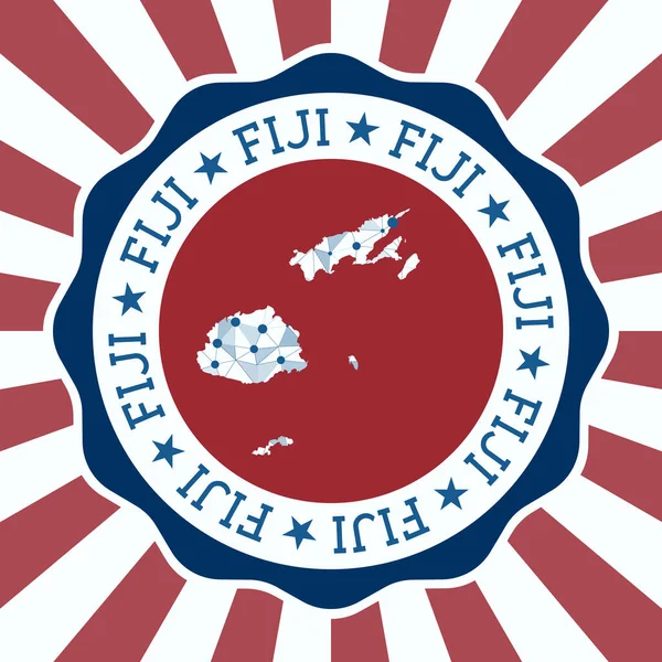 Fiji Badge Logo redondo del país con mapa de malla triangular y rayos radiales EPS10 Vector — Vector de stock
