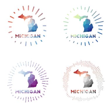Michigan low poly sunburst set Logo of us state in geometric polygonal style Vector illustration