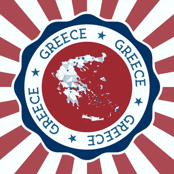 Greece Badge Στρογγυλό λογότυπο της χώρας με τριγωνικό χάρτη ματιών και ακτινωτές ακτίνες EPS10 Vector — Διανυσματικό Αρχείο
