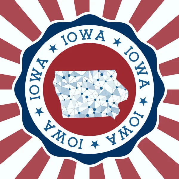 Iowa Badge Round logo de nosotros estado con mapa de malla triangular y rayos radiales EPS10 Vector — Vector de stock
