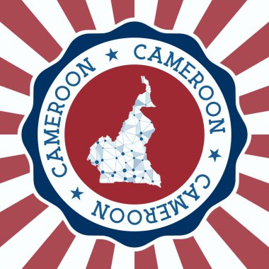 Ülkenin üç köşeli ağ haritası ve radyal ışınları EPS10 Vektörü olan Kamerun Rozet Yuvarlak logosu