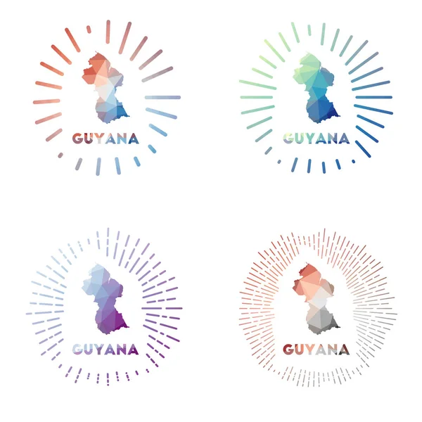 Guyana set bajo de poli sunburst Logo del país en estilo geométrico poligonal Ilustración vectorial — Vector de stock
