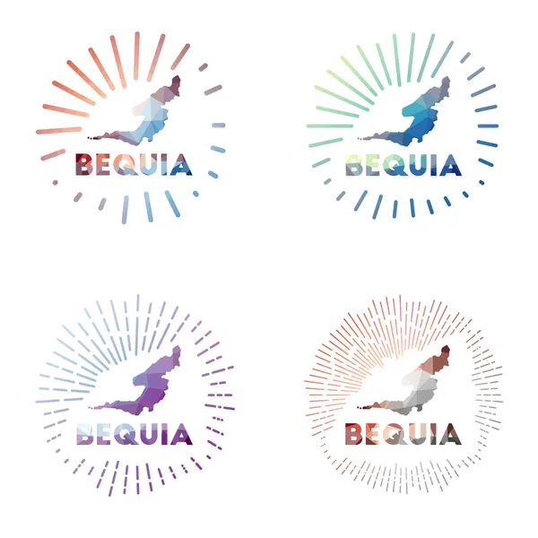 Bequia low poly sunburst set Logotipo de isla en estilo geométrico poligonal Ilustración vectorial — Vector de stock