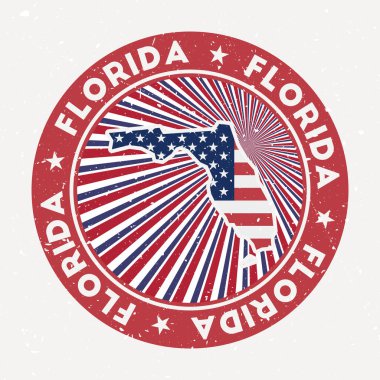 Florida 'nın yuvarlak damgalı logosu bayrak, dairesel metin ve yıldız vektörü Vintage rozeti.