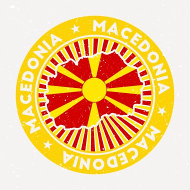 Makedonya, dairesel metin ve yıldız vektörlü bayrak Vintage rozetli ülke logosunu yuvarlak damgaladı