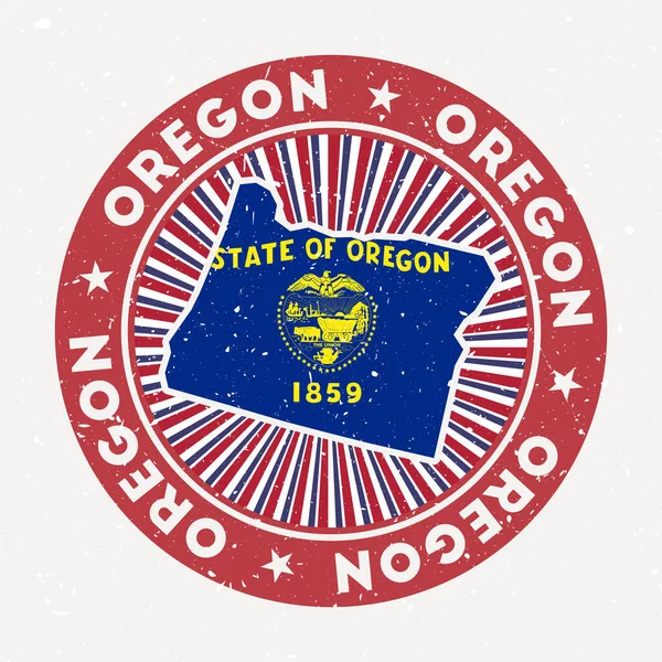 Oregon okrągły znaczek Logo naszego stanu z flagą stanu Vintage odznaka z okrągłym tekstem i gwiazdami — Wektor stockowy