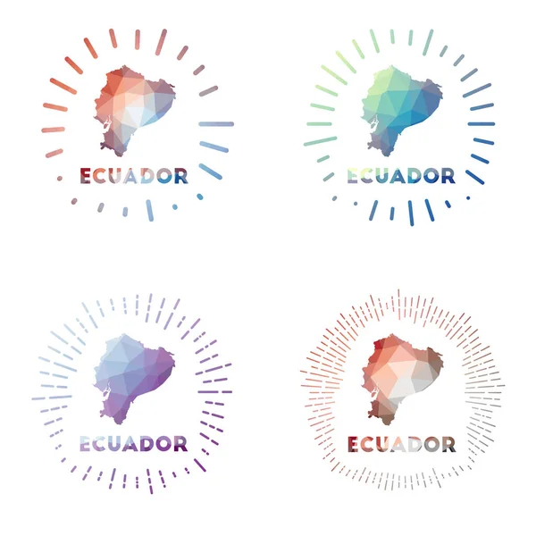 Ecuador låg poly sunburst set Logotyp för landet i geometrisk polygonal stil vektor illustration — Stock vektor