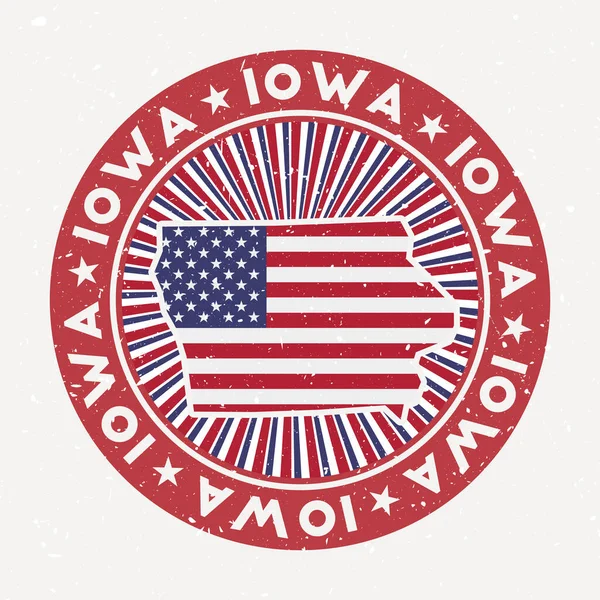 Iowa runda stämpel logotyp av oss stat med flagga Vintage bricka med cirkulär text och stjärnor vektor — Stock vektor