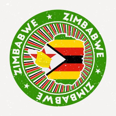Zimbabwe yuvarlak damgalı ülke logosu bayrak, dairesel metin ve yıldız vektörü Vintage rozeti