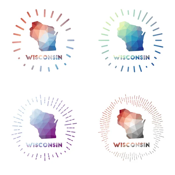 Wisconsin set basso poli sunburst Logo di noi stato in stile poligonale geometrico Illustrazione vettoriale — Vettoriale Stock