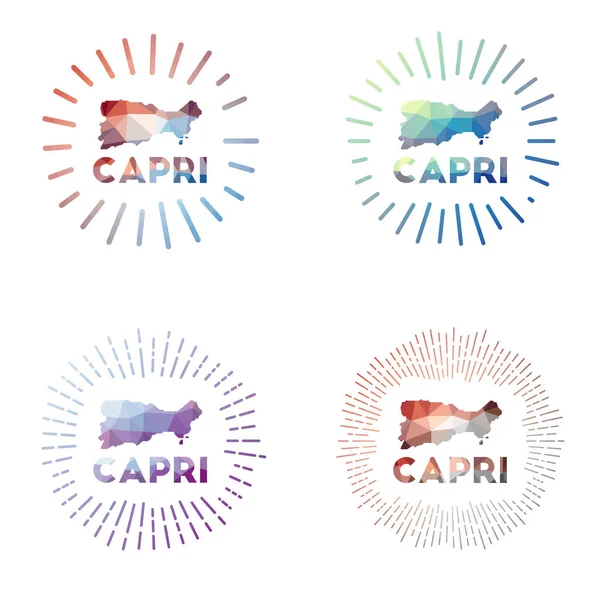 Capri low poly sunburst set Logo ostrova v geometrickém polygonálním stylu Vektorové ilustrace — Stockový vektor