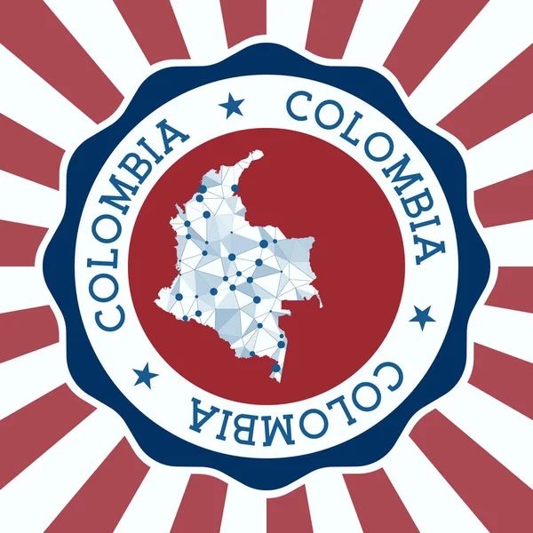 Colombia Insignia Logotipo redondo del país con mapa de malla triangular y rayos radiales EPS10 Vector — Archivo Imágenes Vectoriales
