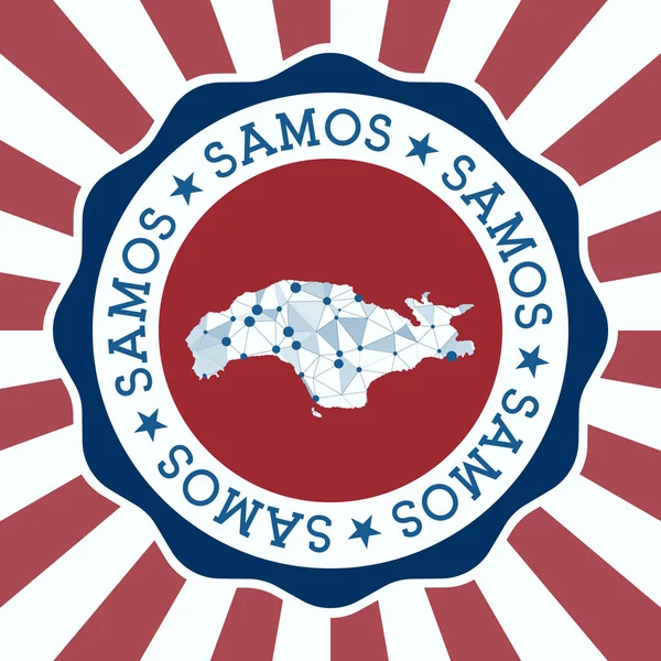 Samos Badge Logo redondo de isla con mapa de malla triangular y rayos radiales EPS10 Vector — Vector de stock