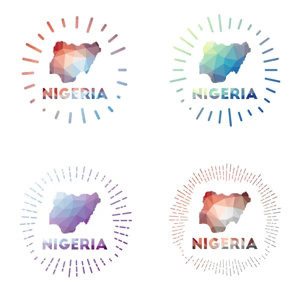 Nigeria bajo polivinílico sunburst set Logo del país en estilo geométrico poligonal Ilustración vectorial — Vector de stock