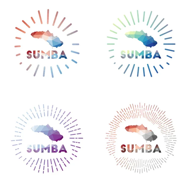 Sumba låg poly sunburst set Logotyp av ön i geometrisk polygonal stil vektor illustration — Stock vektor
