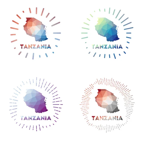 Tanzania set de estallido de sol de poli bajo Logotipo del país en estilo geométrico poligonal Ilustración vectorial — Vector de stock