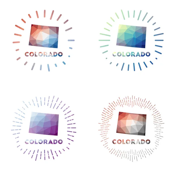 Colorado baixo poli sunburst set Logo de nós estado em estilo geométrico poligonal ilustração vetorial — Vetor de Stock