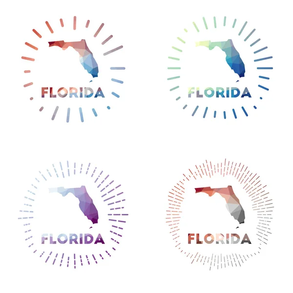 Florida baixo poli sunburst set Logo de nós estado em estilo geométrico poligonal ilustração vetorial — Vetor de Stock