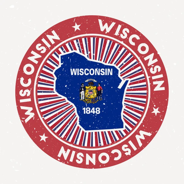 Wisconsin kulaté razítko Logo nás státu se státní vlajkou Vintage odznak s kruhovým textem a hvězdami — Stockový vektor