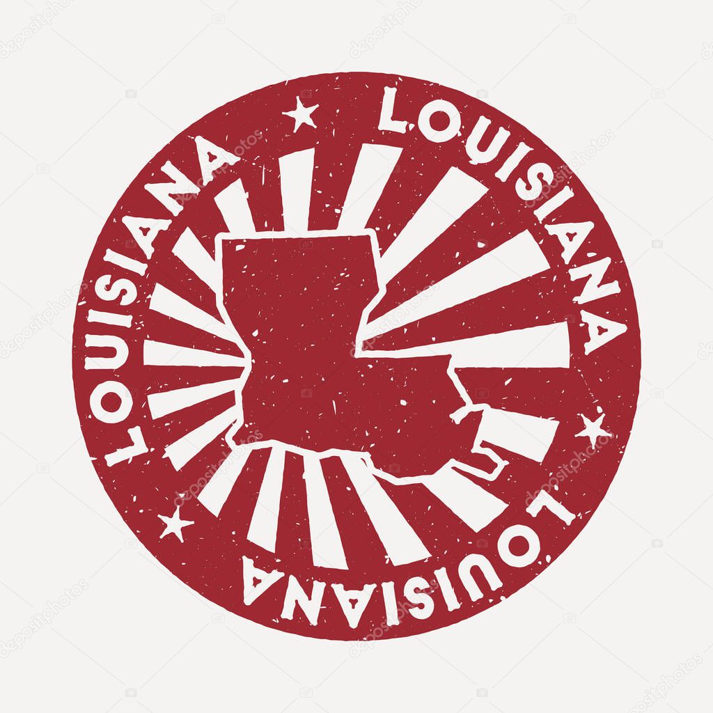 Louisiana stamp. Travel red rubber stamp with the map of us state, vector illustration. Can be used as insignia, logotype, label, sticker or badge of the Louisiana.