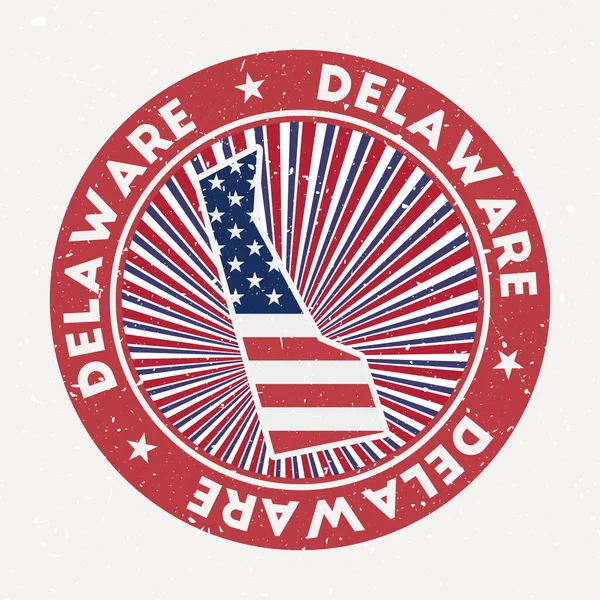 Timbre rond Delaware Logo de notre état avec drapeau Insigne vintage avec texte circulaire et vecteur étoiles — Image vectorielle