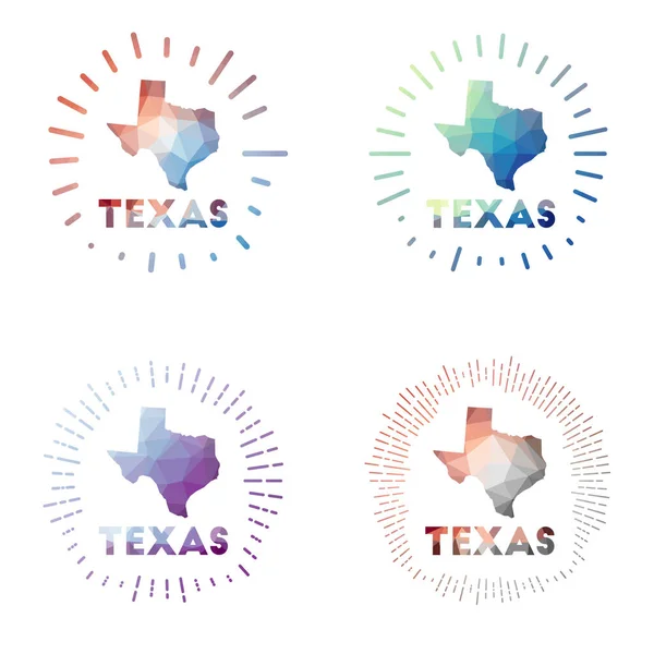 Texas low poly sunburst set Logo di noi stato in stile poligonale geometrico Illustrazione vettoriale — Vettoriale Stock