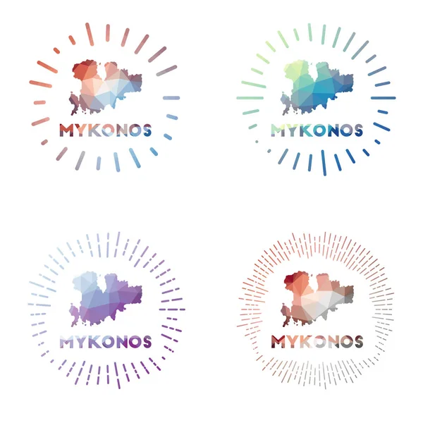 Mykonos bajo polivinílico sunburst set Logo de isla en estilo geométrico poligonal Ilustración vectorial — Vector de stock