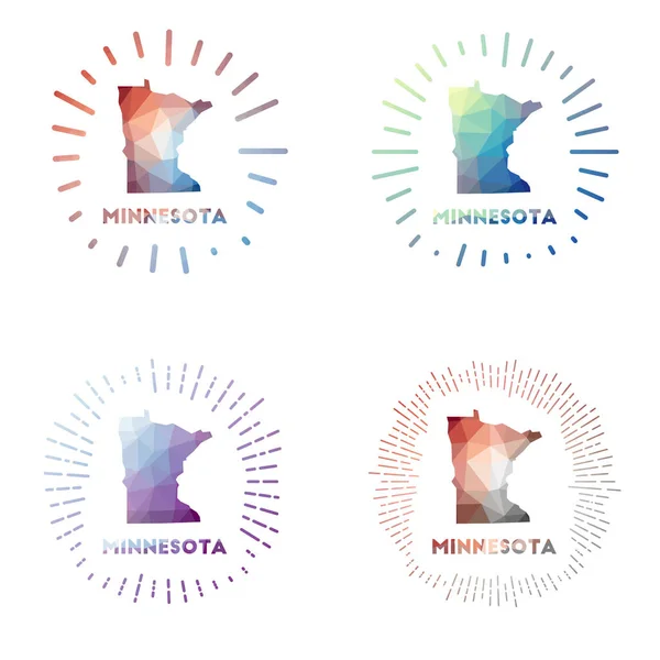 Minnesota low poli sunburst set Logo di noi stato in stile poligonale geometrico Illustrazione vettoriale — Vettoriale Stock