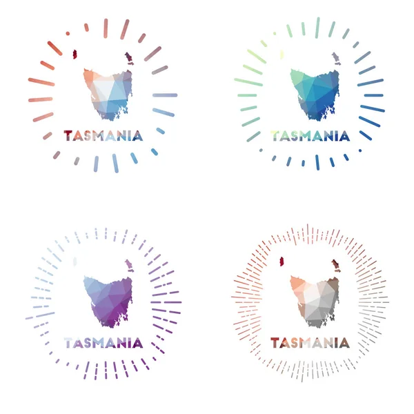 Tasmanie low poly sunburst set Logo de l'île dans un style géométrique polygonal Illustration vectorielle — Image vectorielle