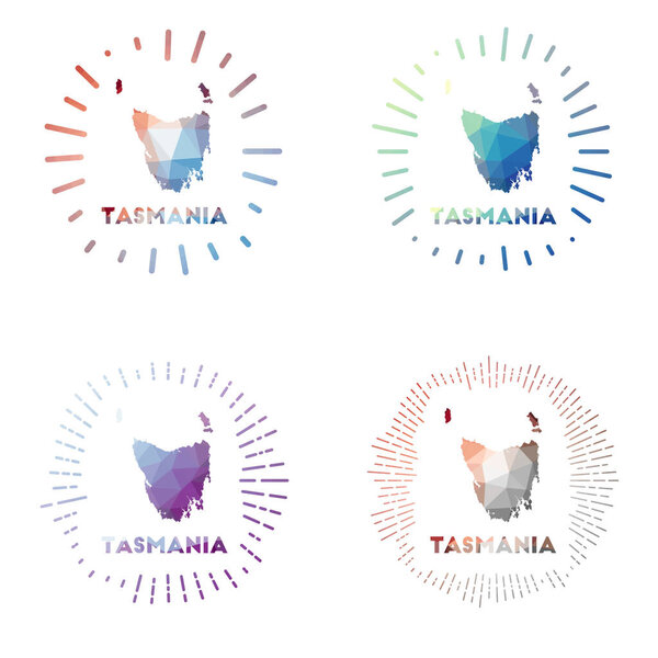 Tasmania low poly sunburst set Logo of island in geometric polygonal style Vector illustration