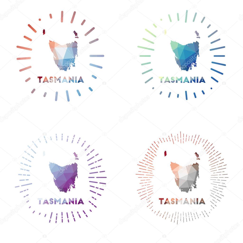 Tasmania low poly sunburst set Logo of island in geometric polygonal style Vector illustration