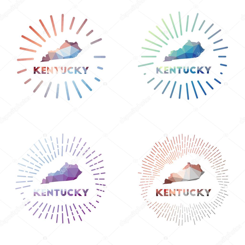 Kentucky low poly sunburst set Logo of us state in geometric polygonal style Vector illustration