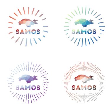 Samos düşük polyester güneş patlaması, adanın geometrik çokgen stil vektör illüstrasyonundaki logosu