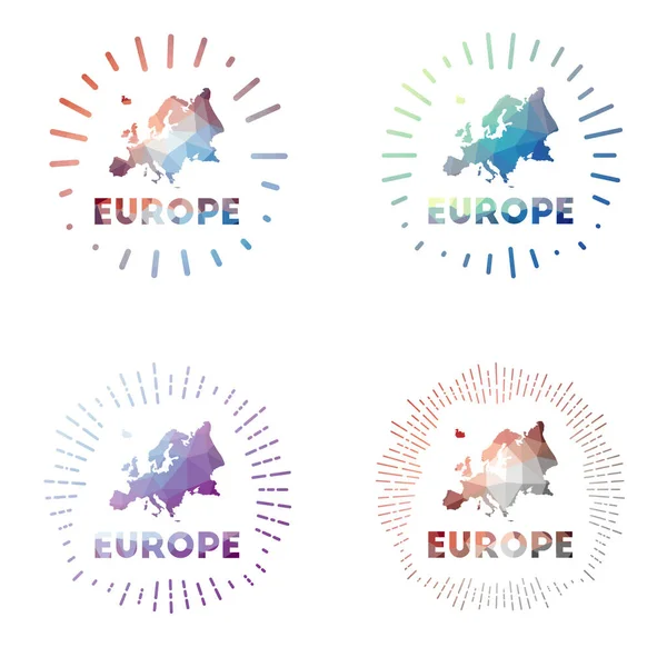Europa low poly sunburst set Logo des Kontinents im geometrischen polygonalen Stil Vektor-Illustration — Stockvektor