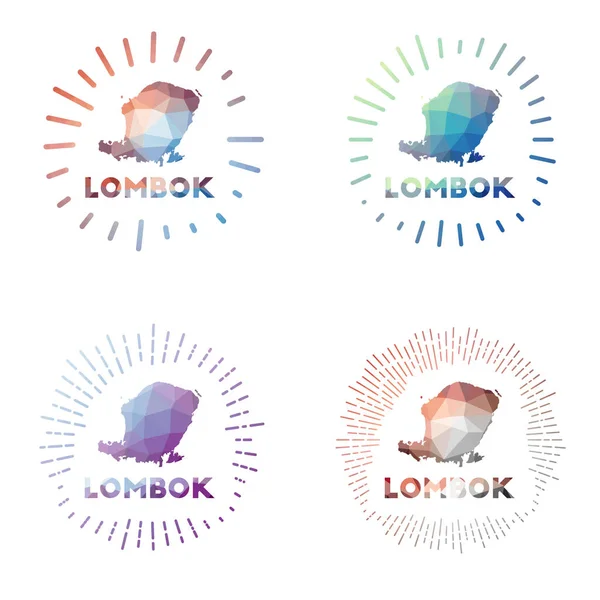 Lombok baixo poli sunburst set Logotipo da ilha em estilo poligonal geométrico Ilustração vetorial — Vetor de Stock