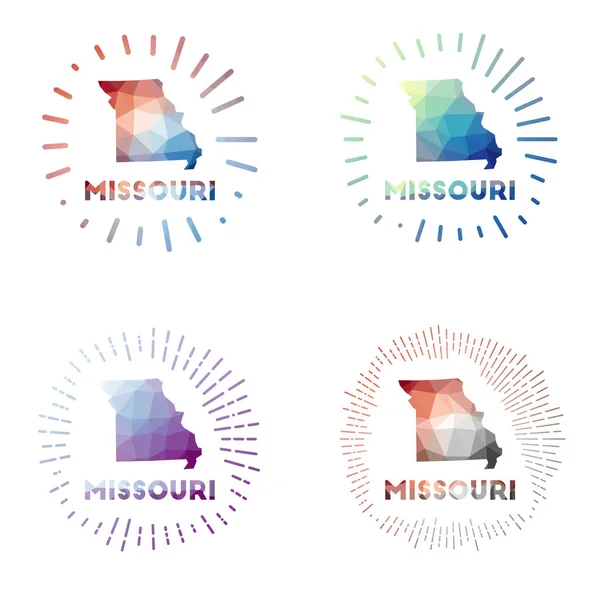 Missouri laag poly sunburst set Logo van ons staat in geometrische veelhoekige stijl Vector illustratie — Stockvector