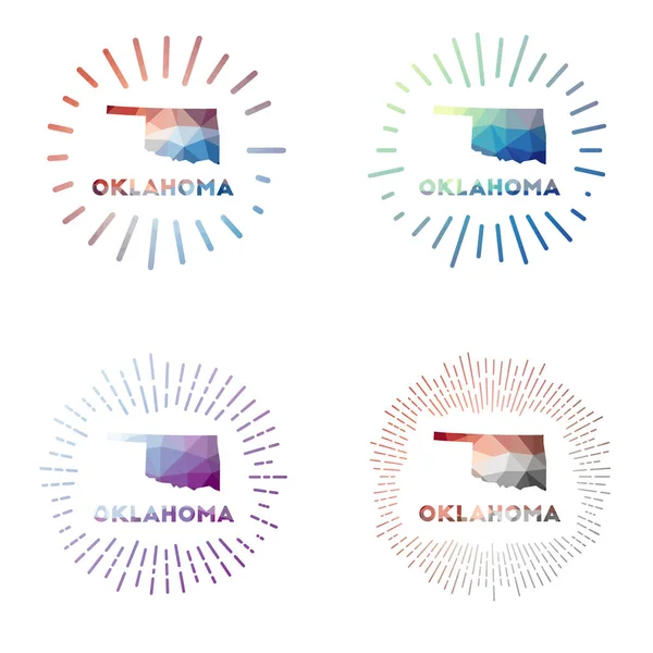 Oklahoma low poli sunburst set Logo di noi stato in stile poligonale geometrico Illustrazione vettoriale — Vettoriale Stock