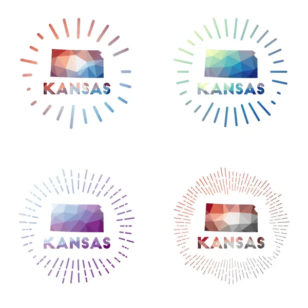 Kansas low poli sunburst set Logo di noi stato in stile poligonale geometrico Illustrazione vettoriale — Vettoriale Stock