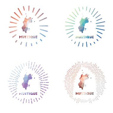 Geometrik çokgen stil Vektör illüstrasyonunda adanın Mustique düşük poli güneş patlaması set logosu