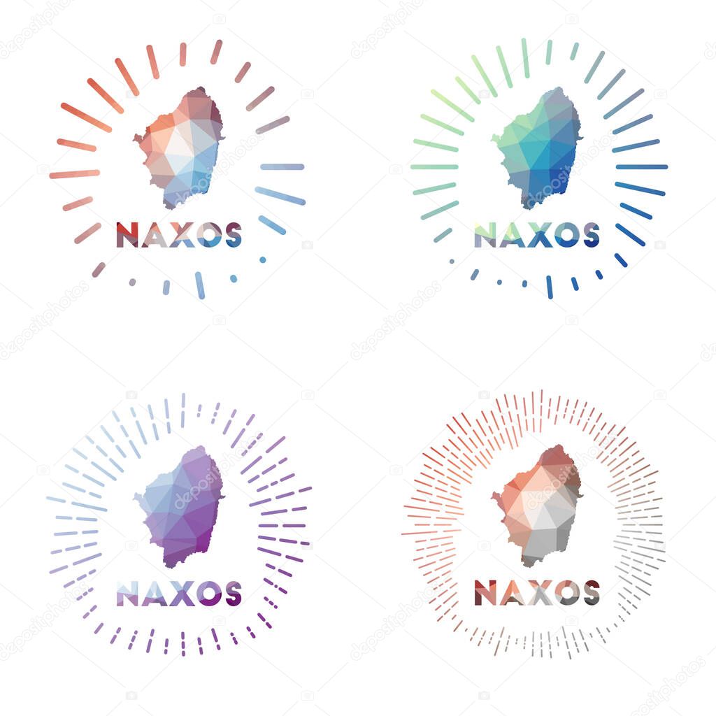 Naxos low poly sunburst set Logo of island in geometric polygonal style Vector illustration